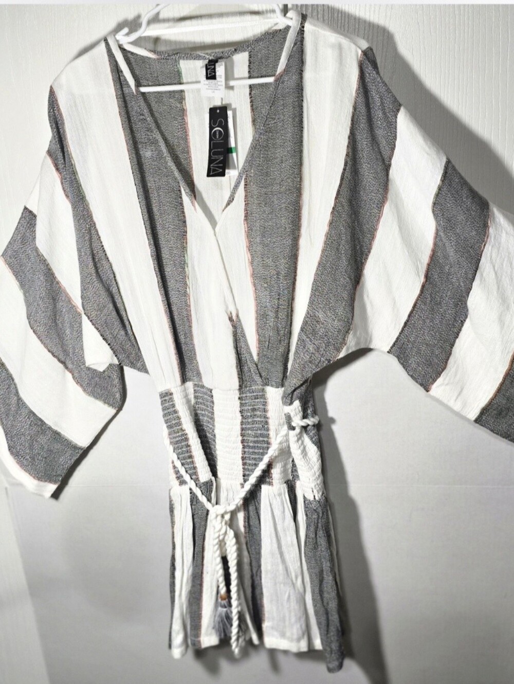 SOLUNA Large Beach Cover Up Striped Ribbed Rope Tie in Soft White and Gray BEACH